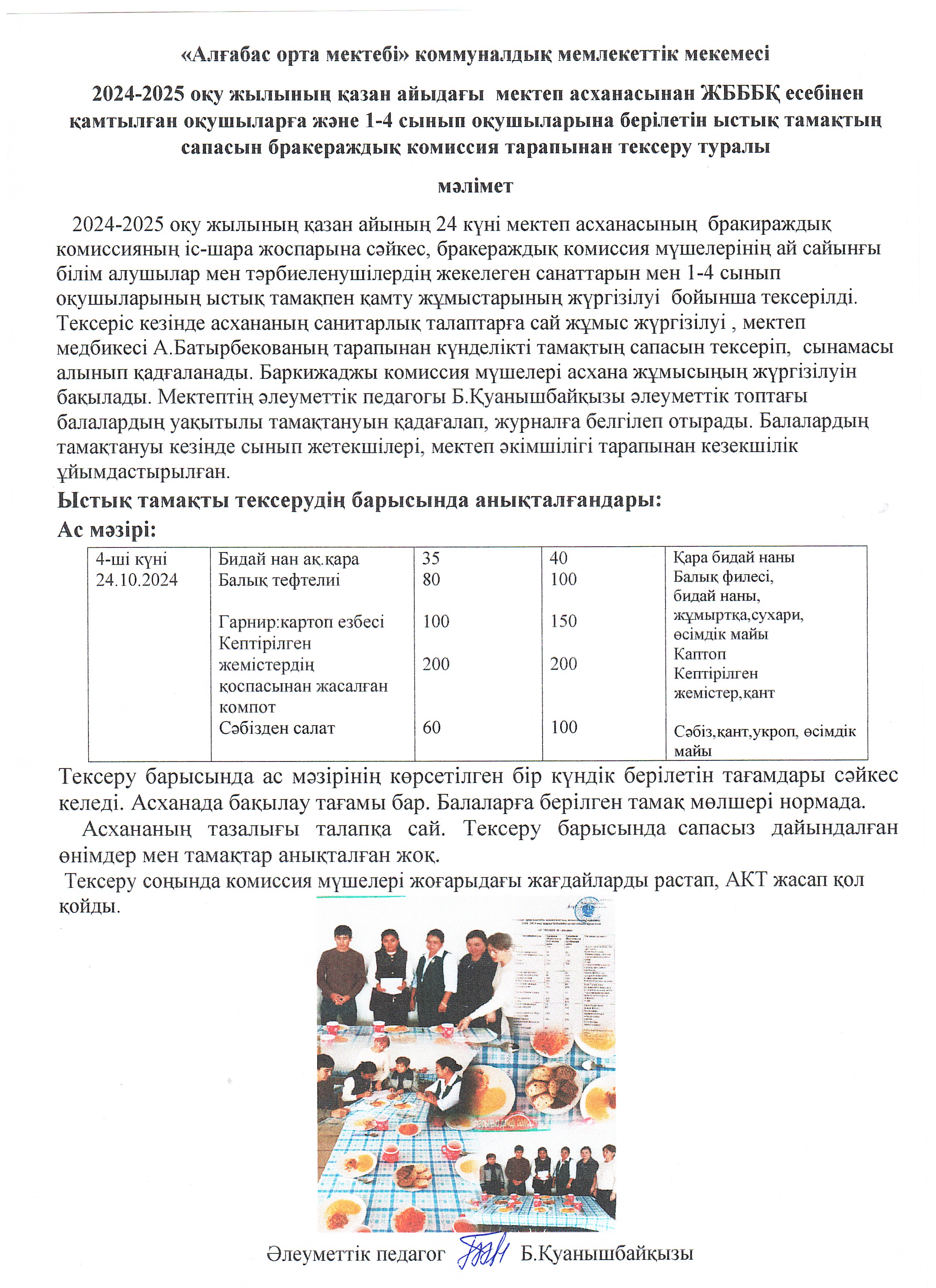 Бракераж комиссиясының ыстық тамақты күнделікті сапасы мен ұйымдастыруын тексеру туралы АКТ-сі