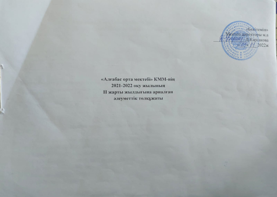 Алғабас орта мектебі» КММ-нің 2021-2022 оқу жылының  ІІ жарты жылдығына арналған әлеуметтік төлқұжаты