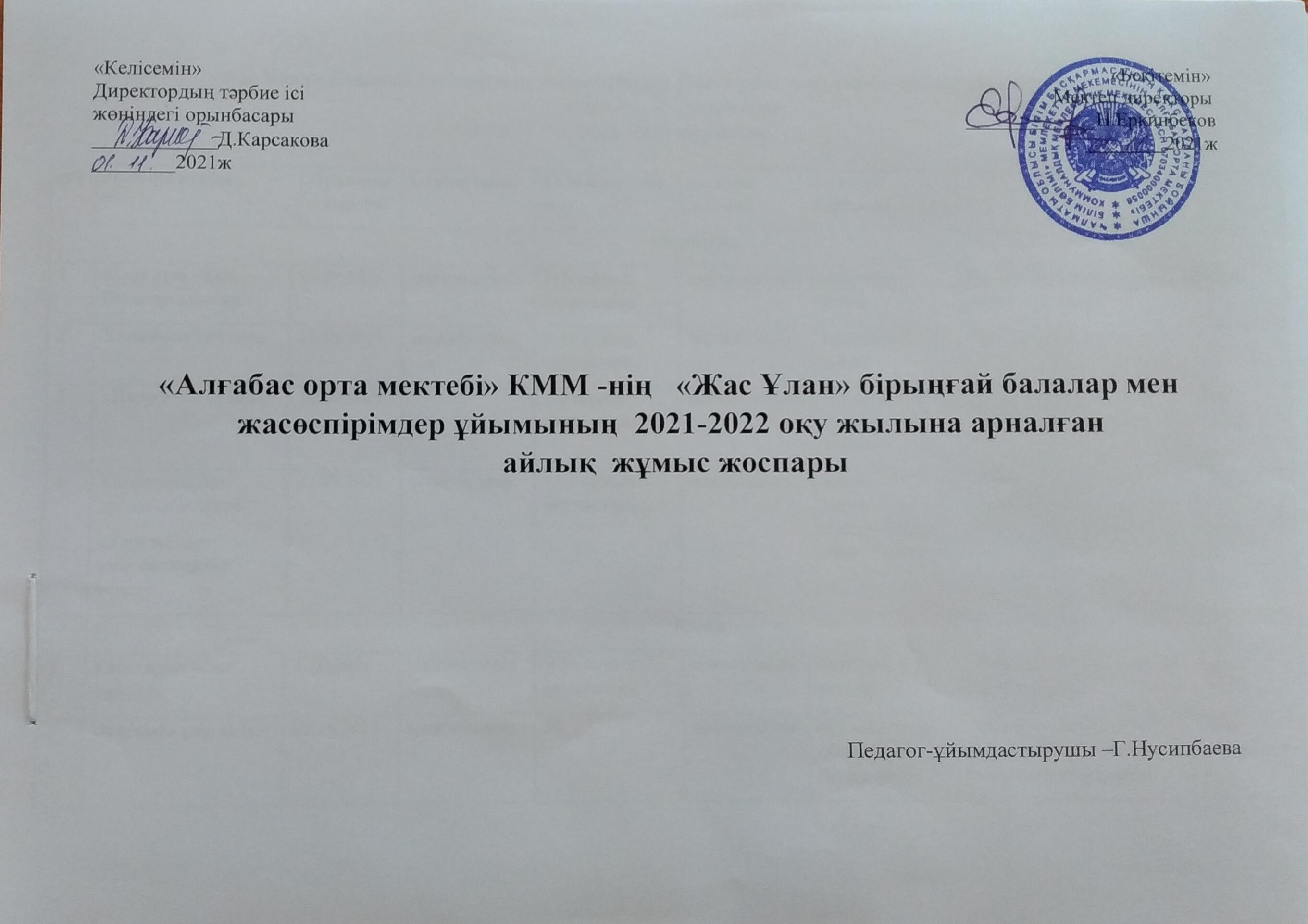 "Алғабас орта мектебі"КММ нің "Жас Ұлан" бірыңғай балалар мен жасөспірімдер ұйымының 2021-2022 оқу жылына арналған айлық жұмыс жоспары