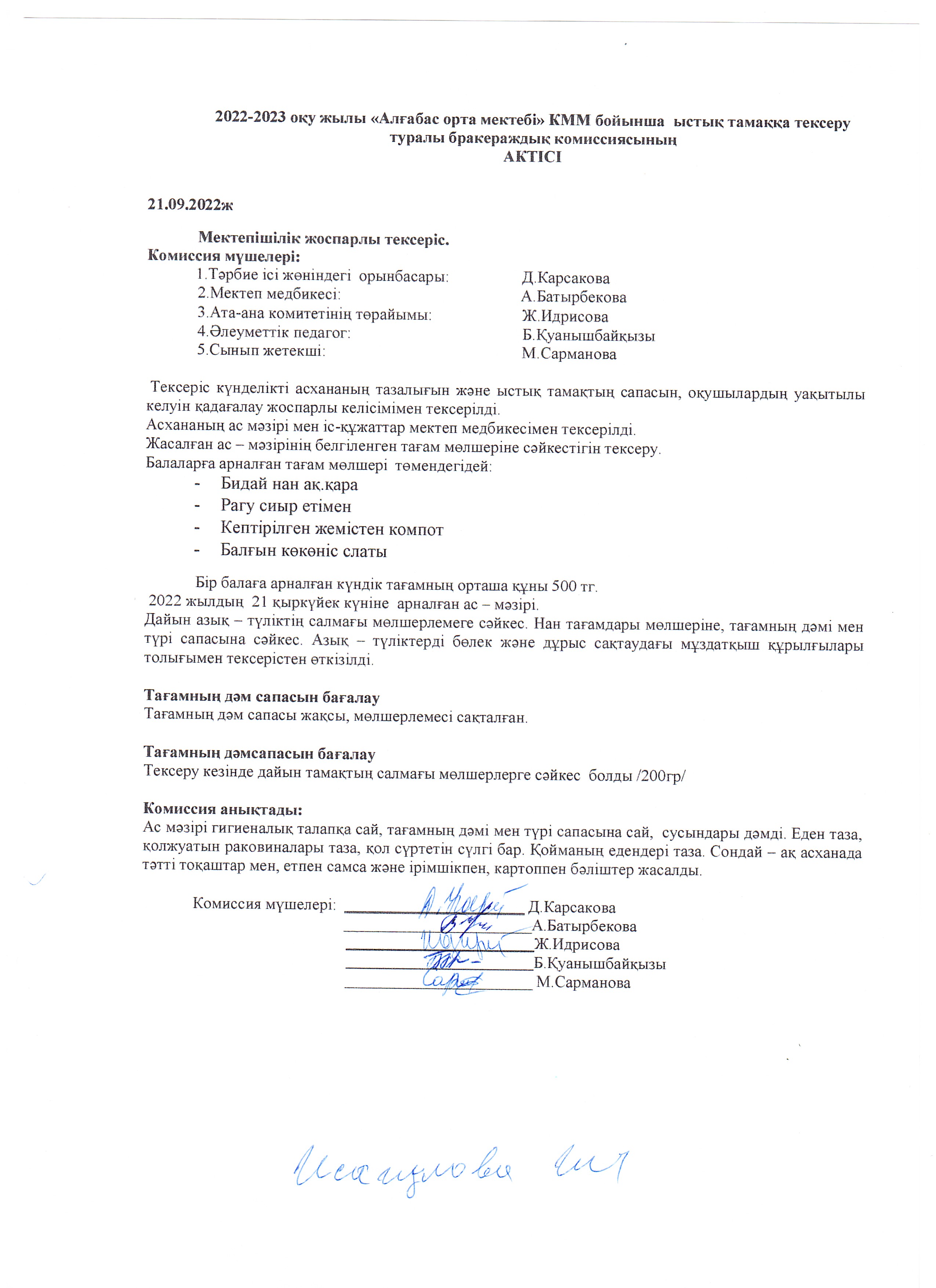 Ыстық тамақтың тексерілуі туралы АКТ
