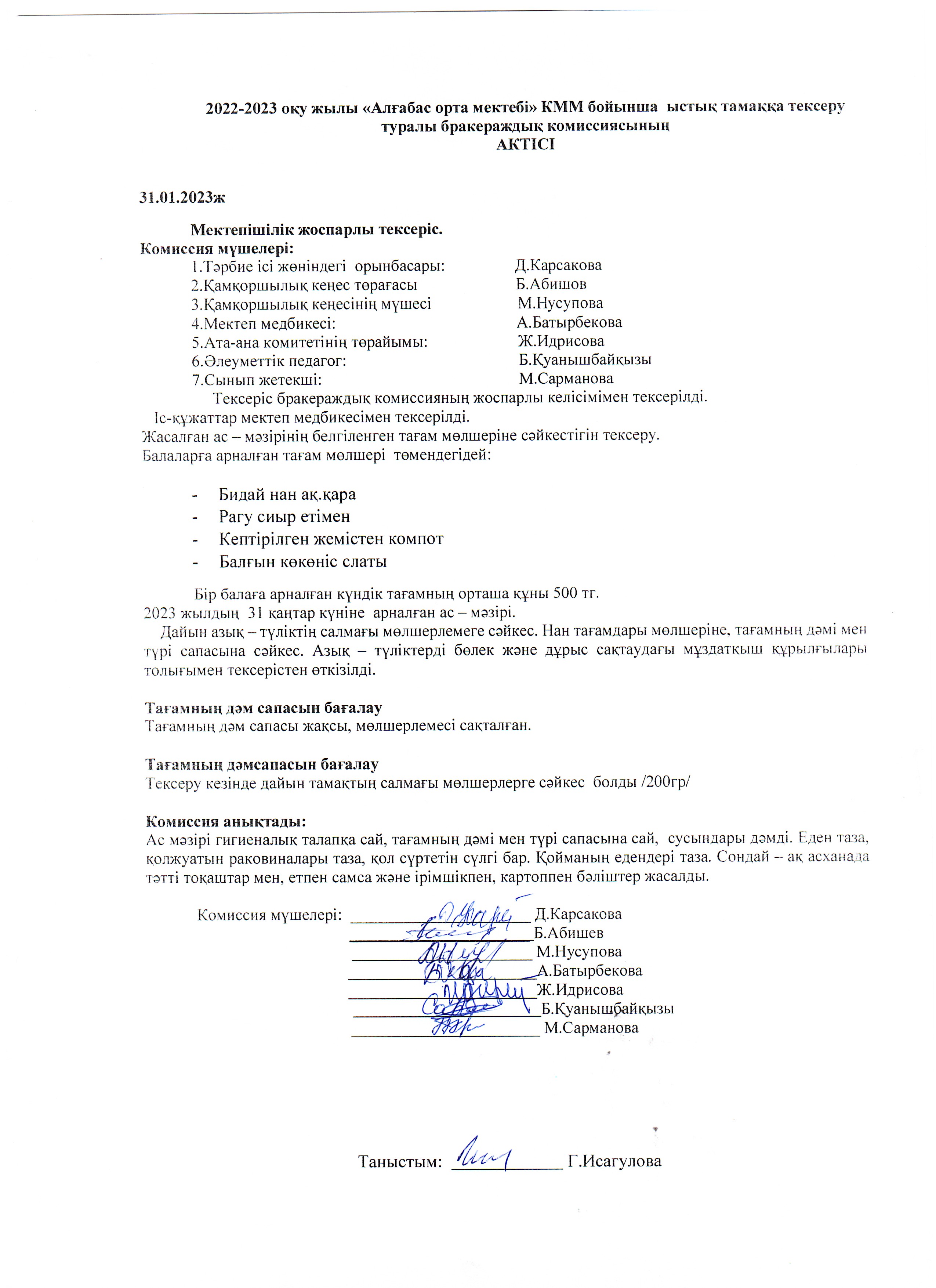 Ыстық тамақты тексеру туралы АКТ қаңтар