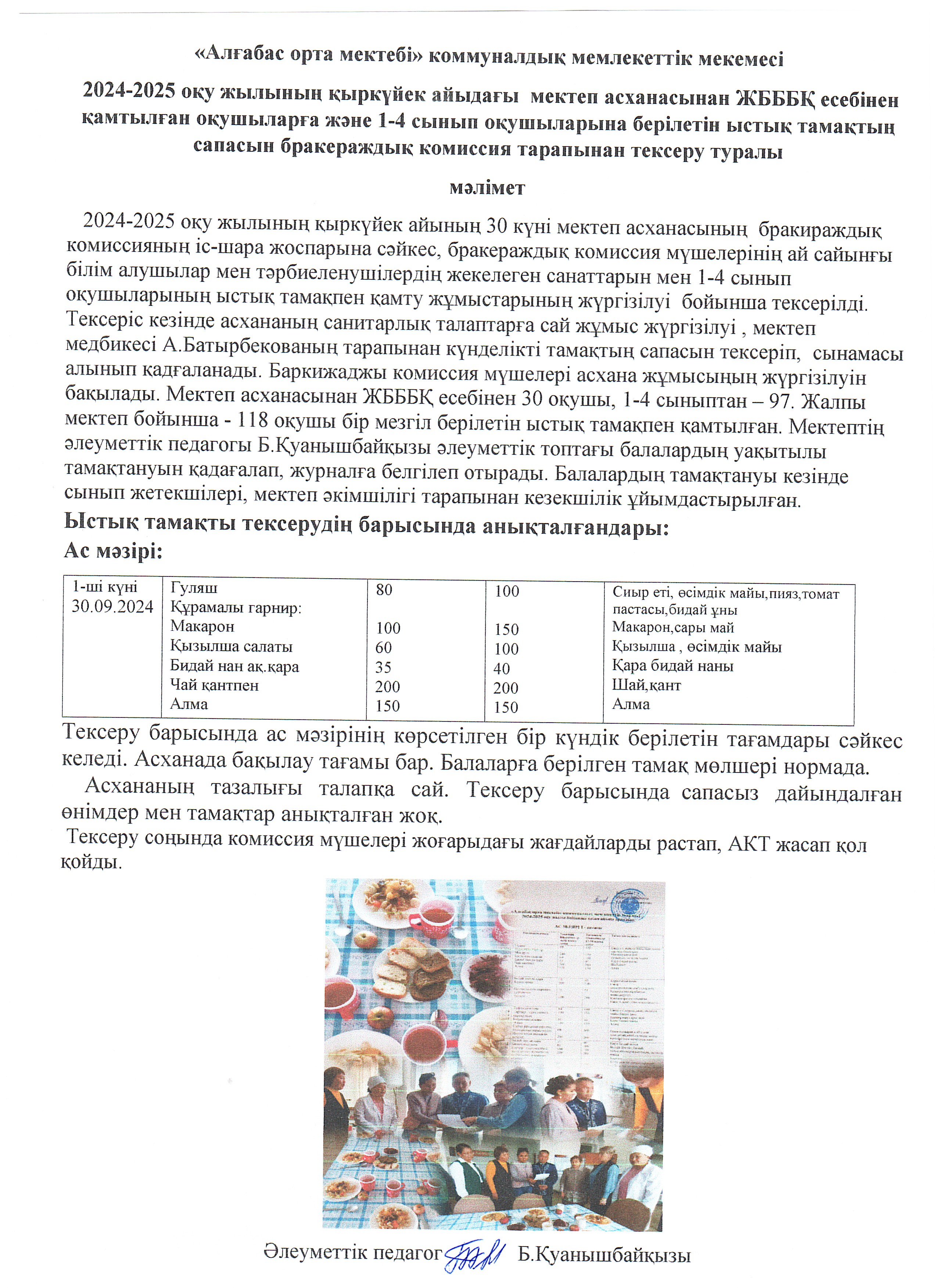 Бракераж комиссияның ыстық тамақтың күнделікті сапасы мен ұйымдастыруды тексеруіі туралы мәлімет