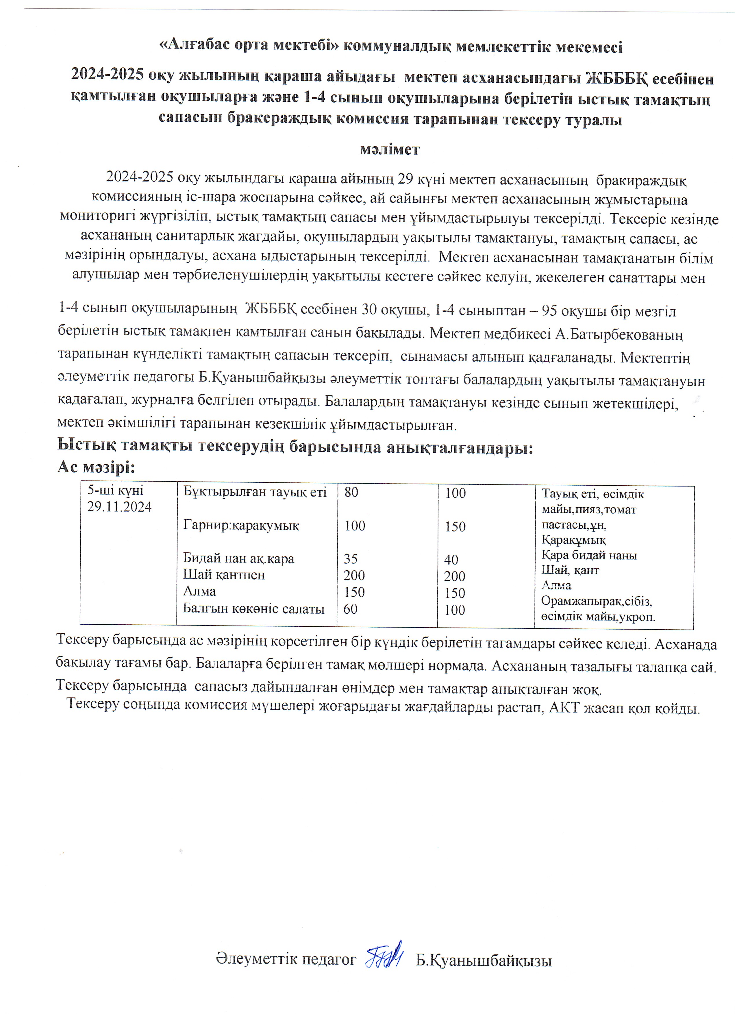 Бракеражды комиссияның ыстық тамақтың сапасы мен ұйымдастыруын тексеру АКТ-сі туралы мәлімет