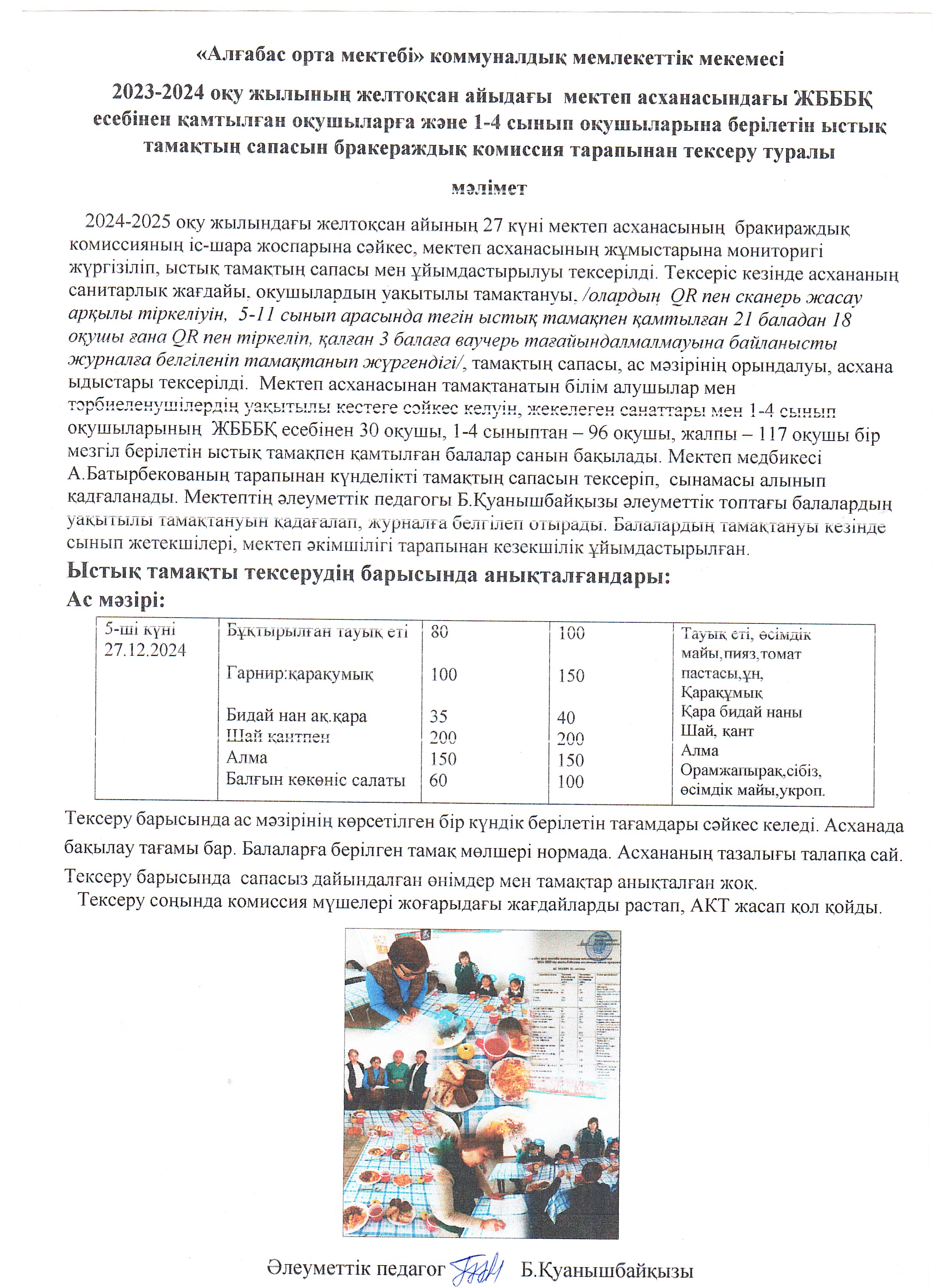 Бракераж комиссиясы трапынан ыстық тамақтың сапасы мен ұйымдастырылуын тексеру туралы АКТ-ның мәліметі