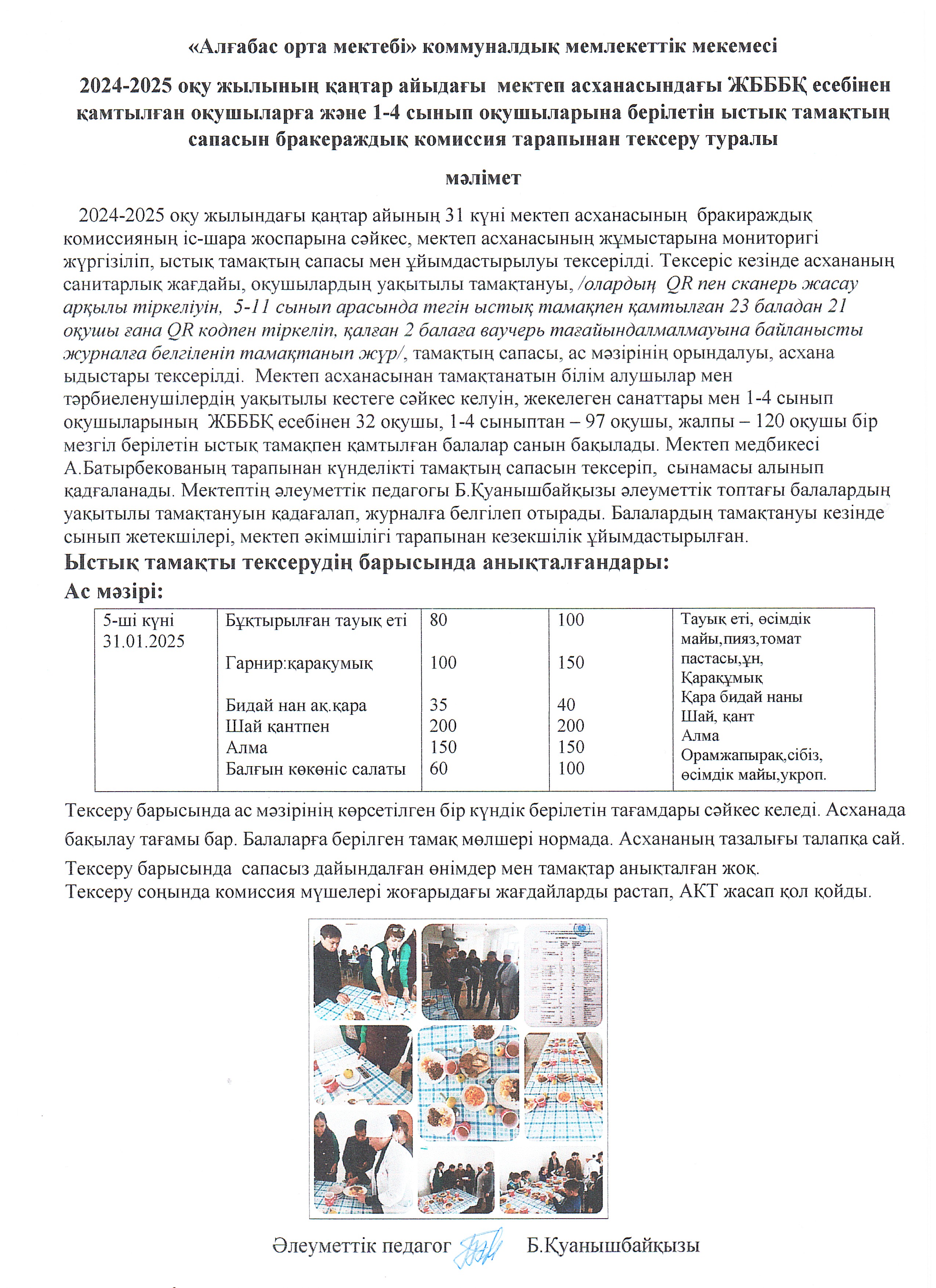 Бакераж комиссия тарапынан ыстық тамақтың сапасы мен ұйымдастырылуын тексеру АКТ-ның мәліметі
