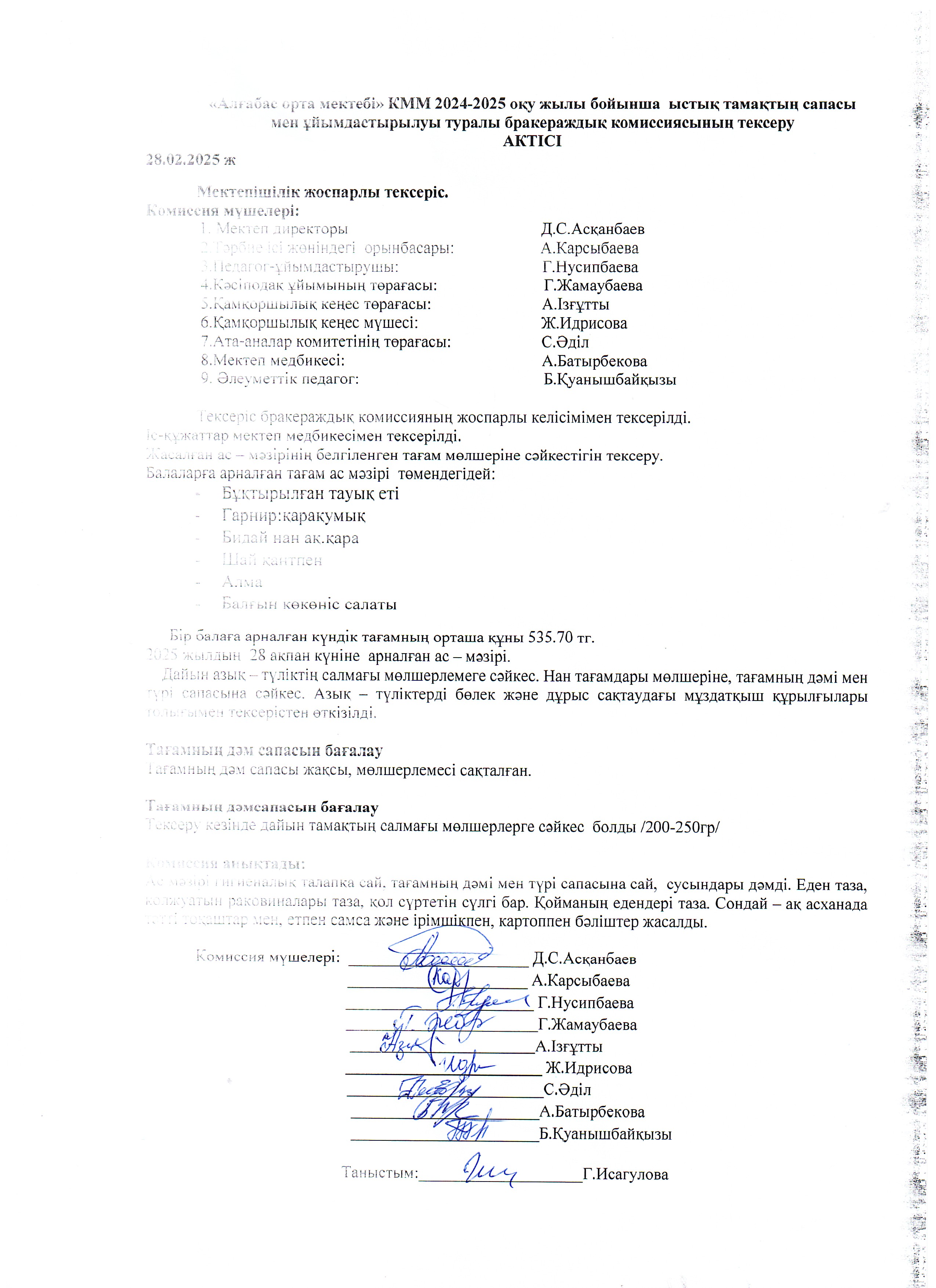 Бракераж комиссия тарапынан ыстық тамақтың сапасы мен ұйымдастырылуын тексеру АКТ-сі