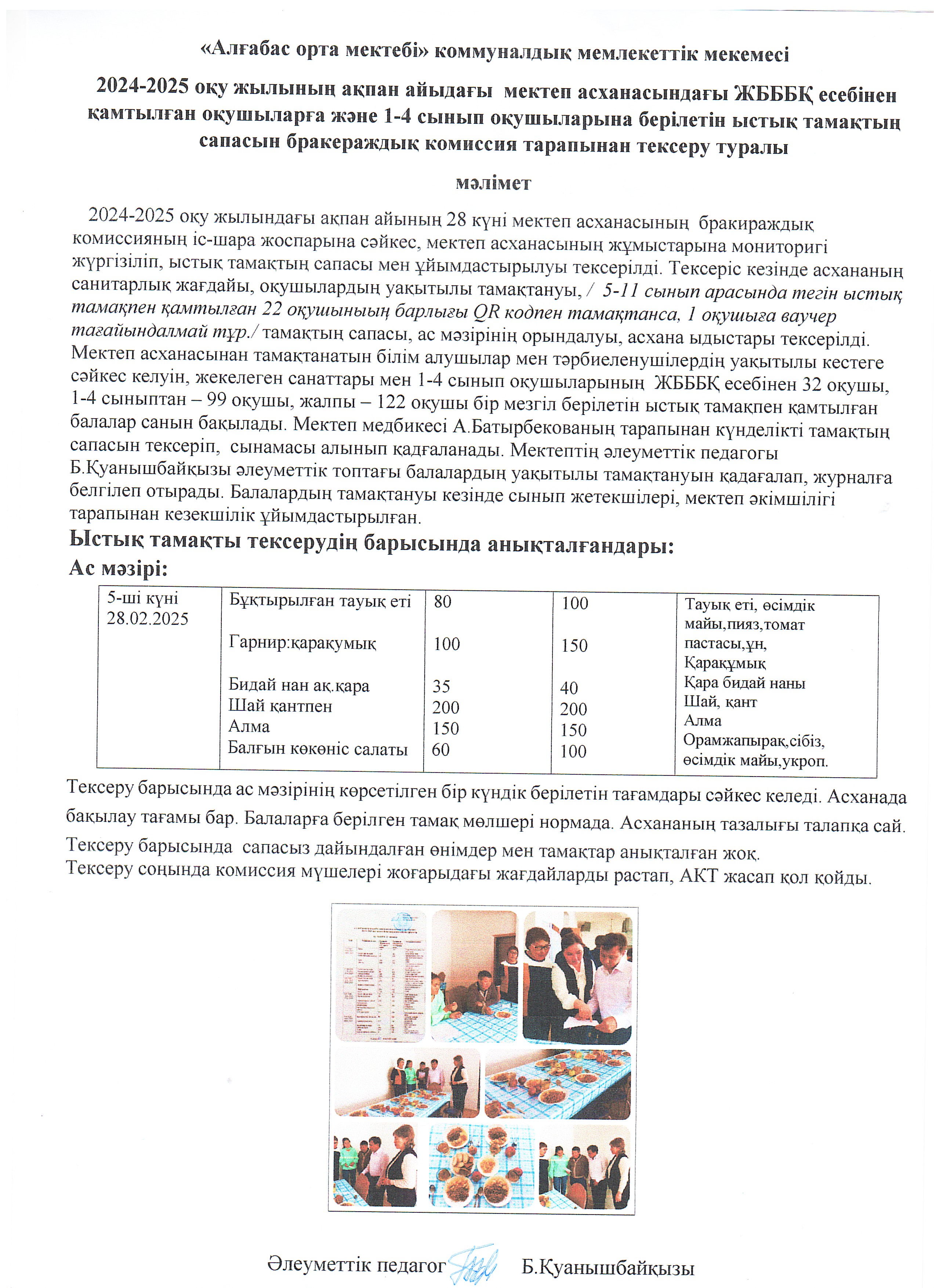 Бракераж комиссия тарапынан ыстық тамақтың сапасы мен ұйымдастырылуын тексеру туралы АКТ-ң мәліметі