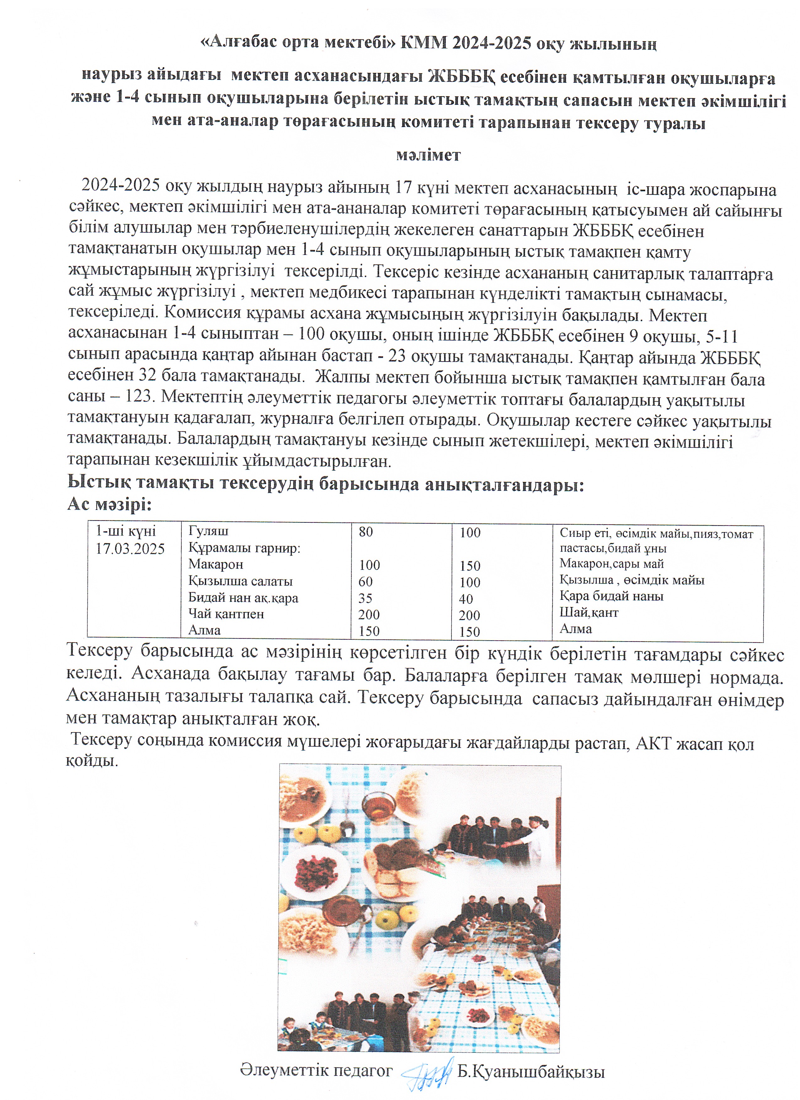 Мектеп әкімшілігі мен ата-аналар комитетінің төрағасы тарапынан ыстық тамақты тексеру АКТ-ң мәліметі