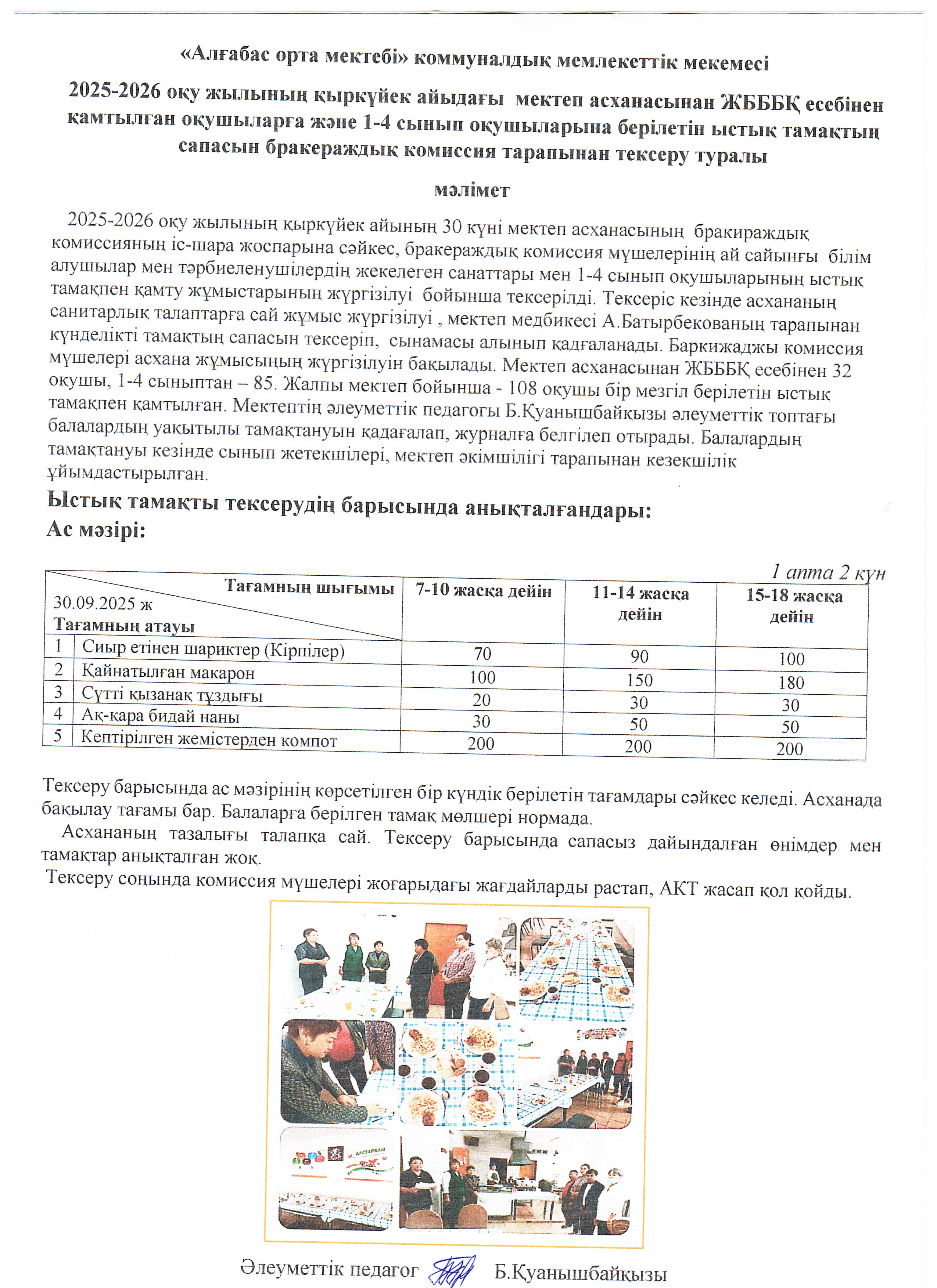 Бракераждық комиссияның ыстық тамақтың сапасы мен ұйымдастырылуын мониторингілеуді тексеру туралы АКТ-нің мәліметі