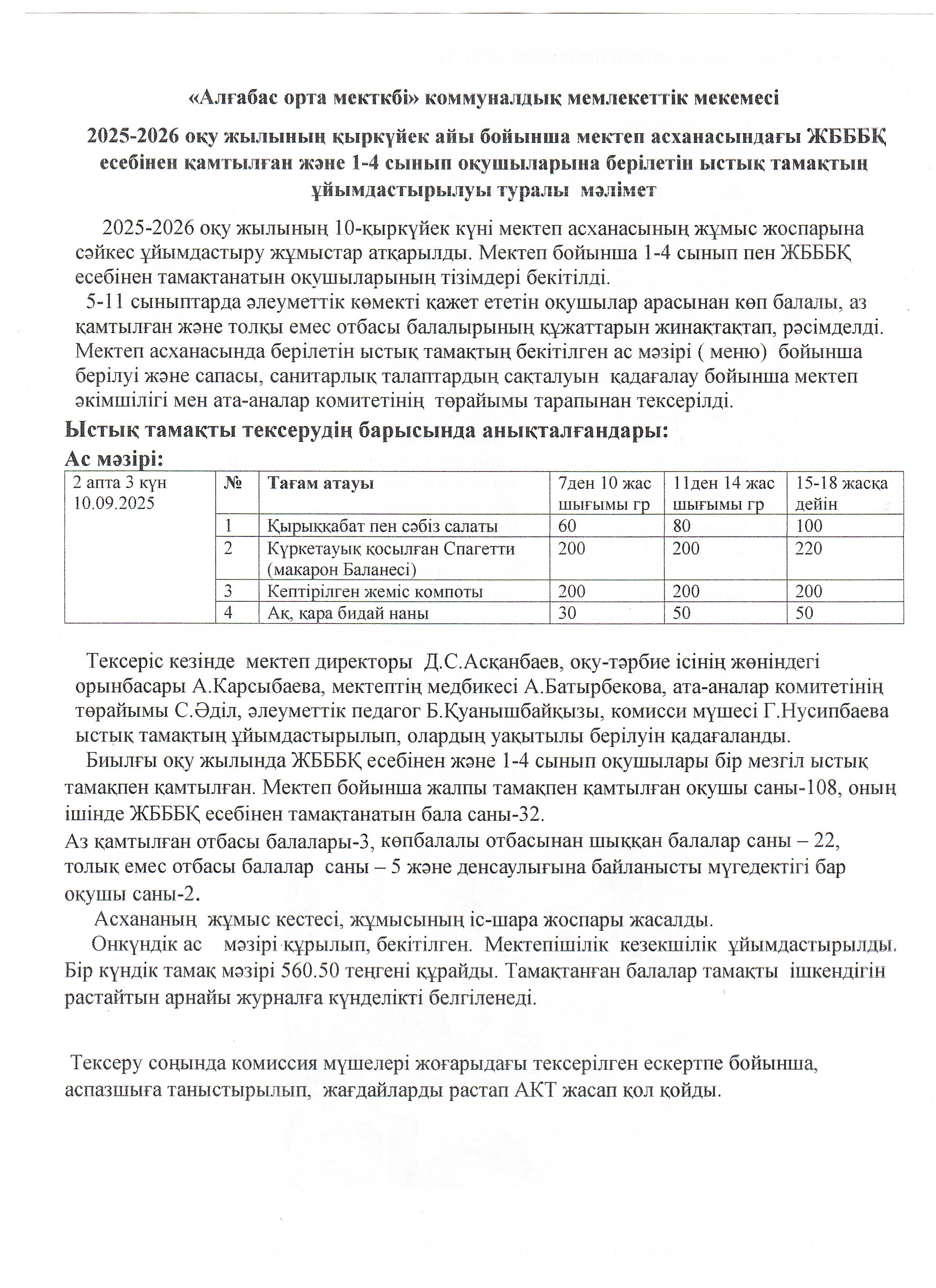 Ата-ана төрағасы мен мектеп әкімшілігі тарапынан күнделікті ыстық тамақтың сапасы мен ұйымдастырылуын тексеру АКТ-нің мәліметі
