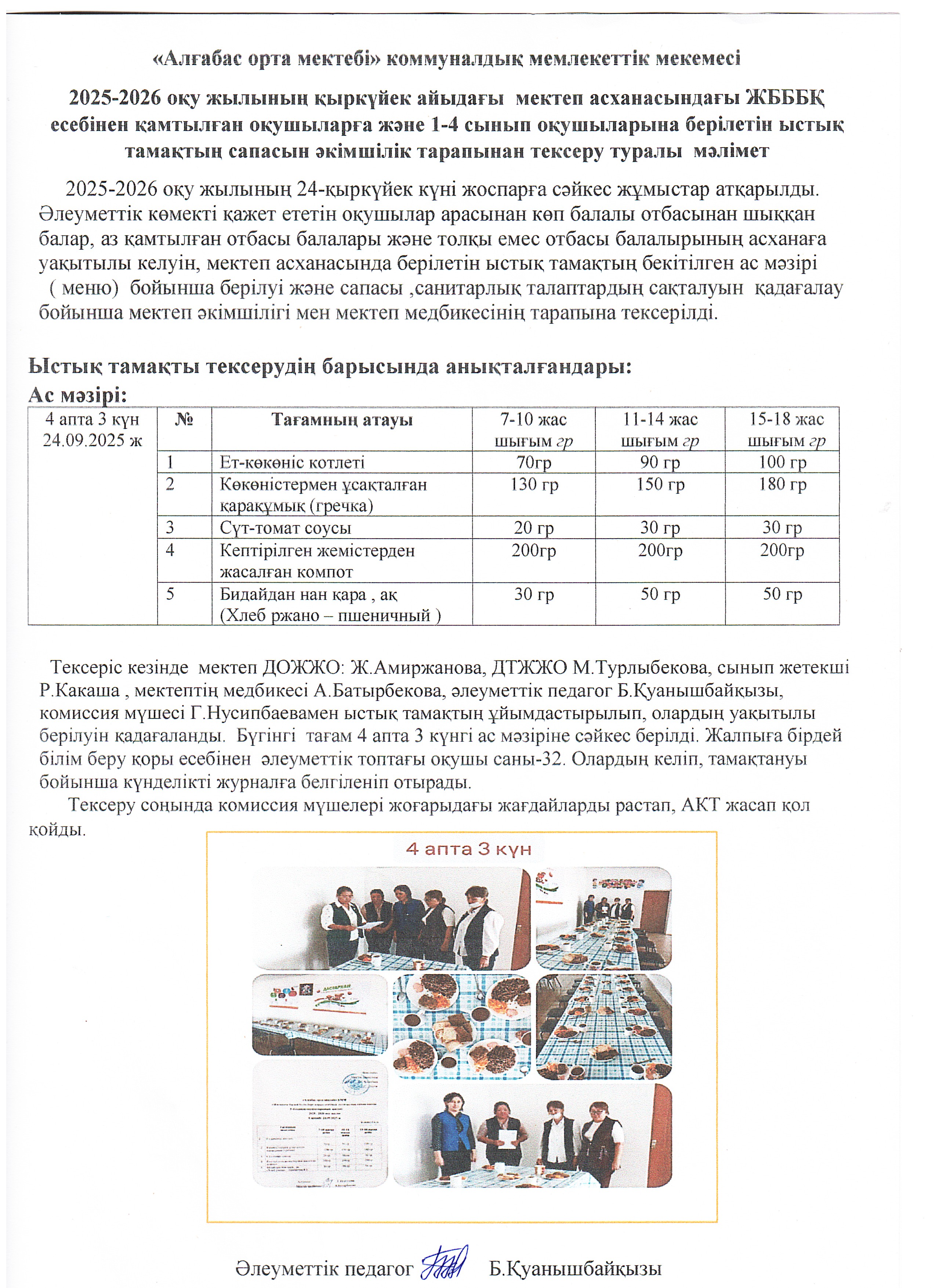 Сынып жетекші мен мектеп әкімшілігі тарапынан ыстық тамақтың күнделікті сапасы мен ұйымдастырылуын тексеру туралы АКТ-нің мәліметі